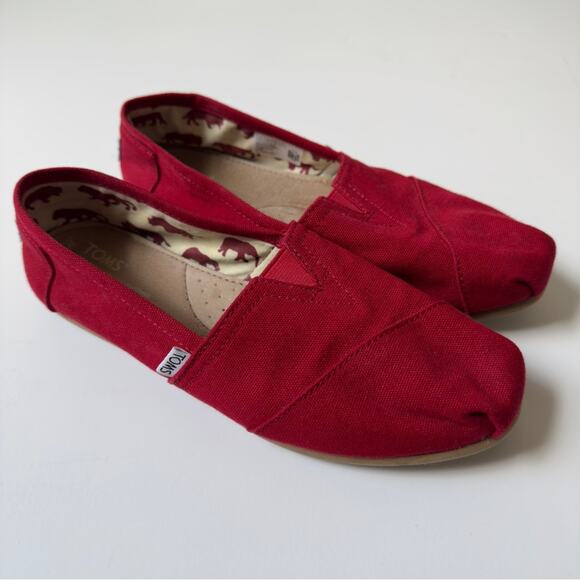TOMS Vibrant Red Slip-Ons Flats solid square toe canvas minimalist casual comfy - Picture 1 of 9